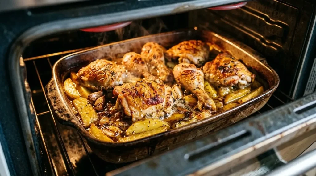 Bone-in chicken thighs and drumsticks roasting over golden potato wedges in a large baking dish inside a hot oven, with bubbling lemon-olive oil pan juices and caramelizing garlic cloves