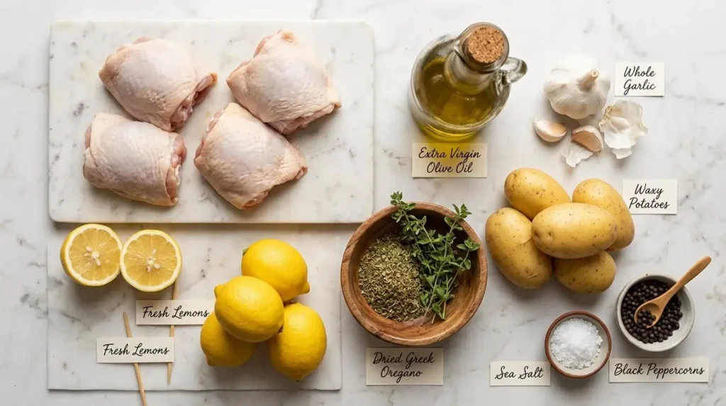 Flat-lay of Greek lemon chicken ingredients on marble - bone-in chicken thighs, fresh lemons, extra virgin olive oil, garlic, dried Greek oregano, potatoes, sea salt and black pepper