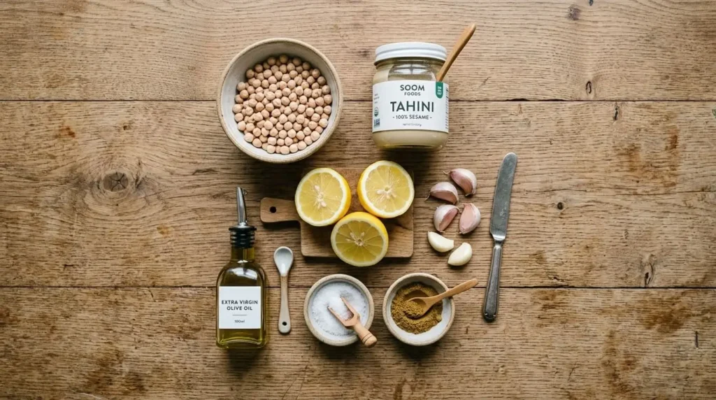 Ingredients for homemade hummus recipe including chickpeas, tahini, and lemon