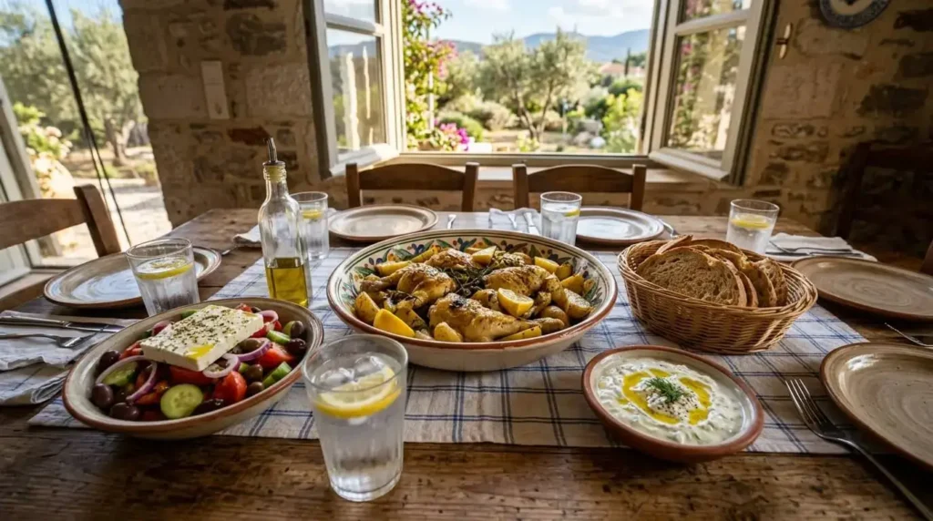 Greek family dinner table spread with lemon roasted chicken and potatoes as the centerpiece, surrounded by Greek village salad, tzatziki, crusty bread and fresh lemon water in a warm Mediterranean setting