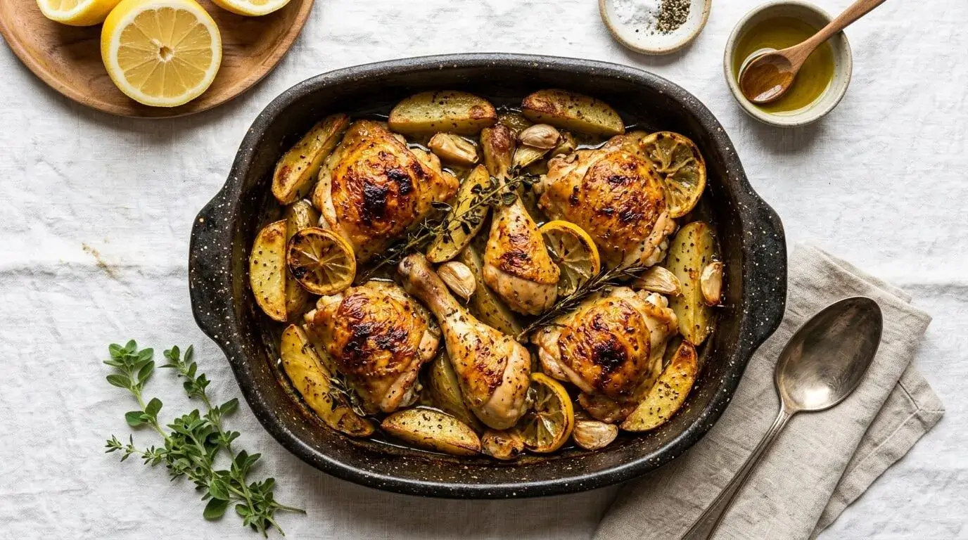 Overhead view of authentic Greek lemon chicken (Kotopoulo Lemonato) with crispy golden chicken thighs and caramelized potato wedges in a rustic roasting dish, garnished with fresh lemon slices and herbs