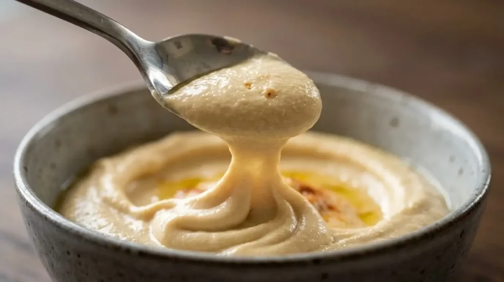 Close-up of smooth creamy hummus texture on a spoon