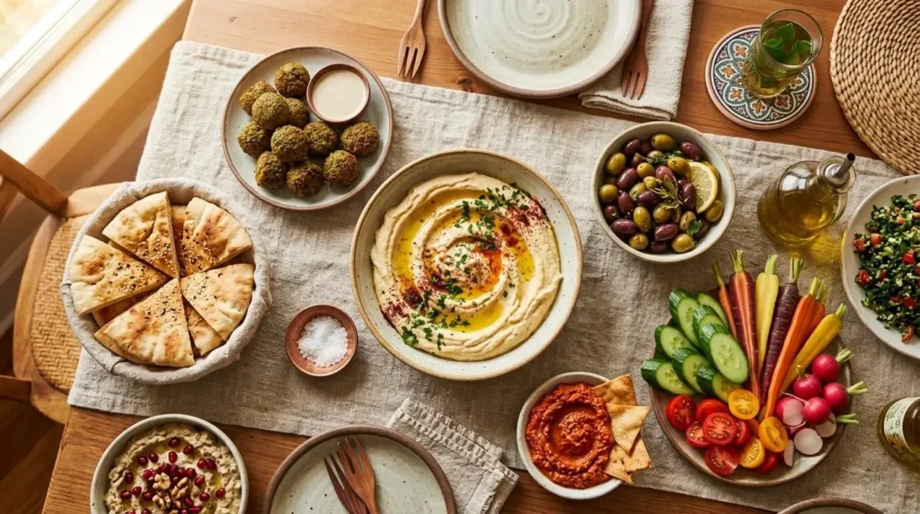 Hummus served with pita bread, vegetables and falafel