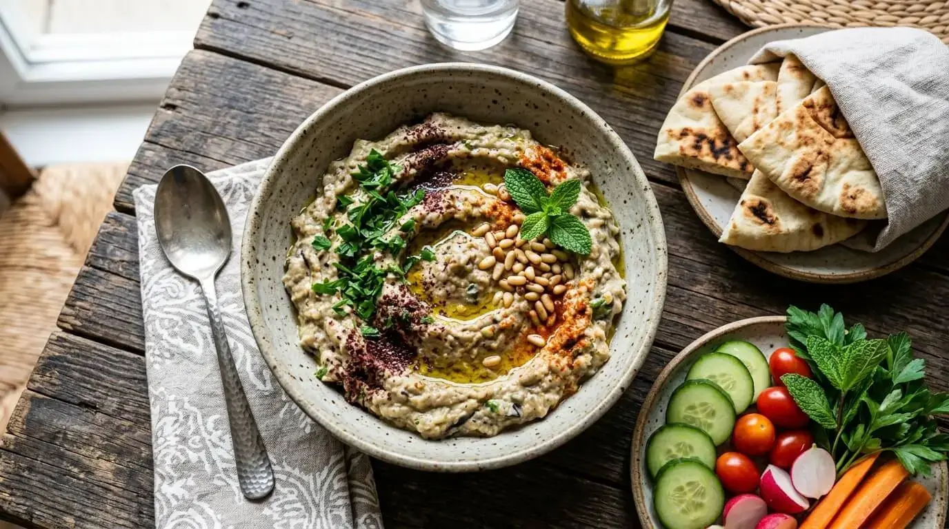 Authentic baba ganoush served with pita bread and olive oil
