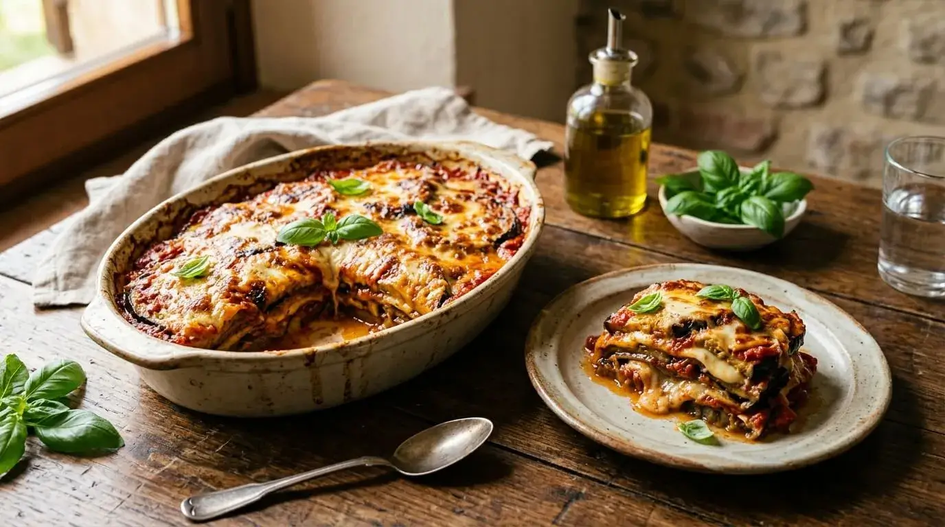 Healthy eggplant Parmesan baked with roasted eggplant, tomato sauce, mozzarella, and Parmesan