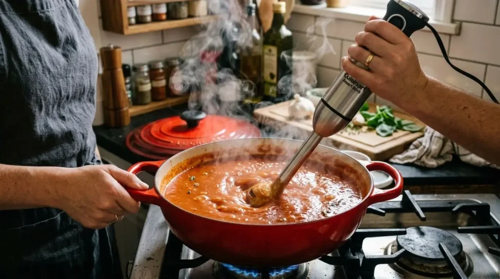 Blending Italian tomato soup until smooth