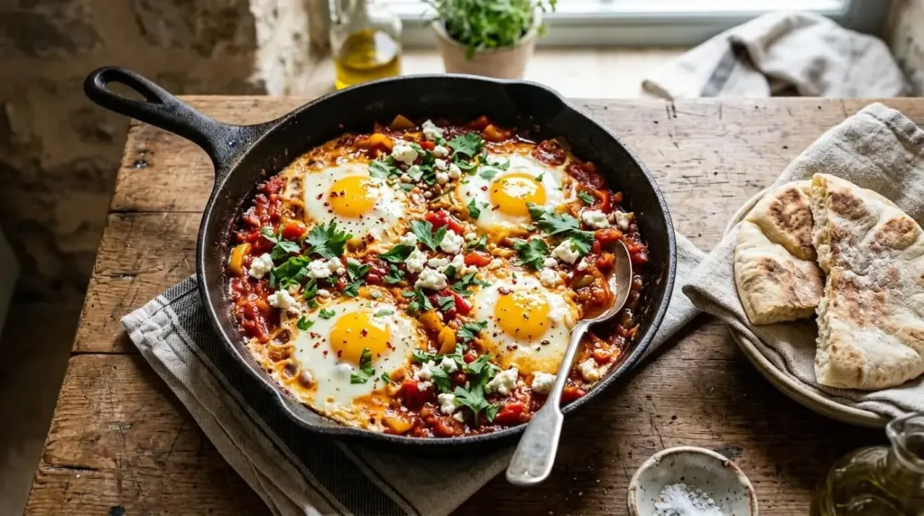  Shakshuka recipe served in a cast-iron skillet with eggs in spicy tomato sauce 