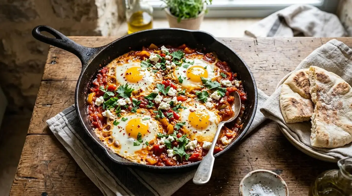 Shakshuka recipe served in a cast-iron skillet with eggs in spicy tomato sauce