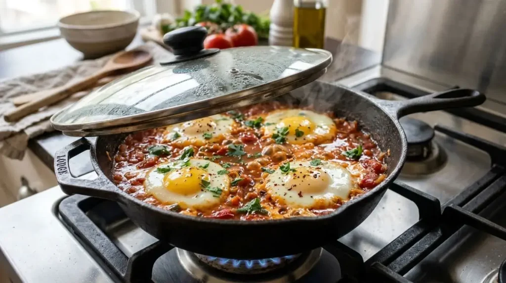 Shakshuka recipe served in a cast-iron skillet with eggs in spicy tomato sauce
