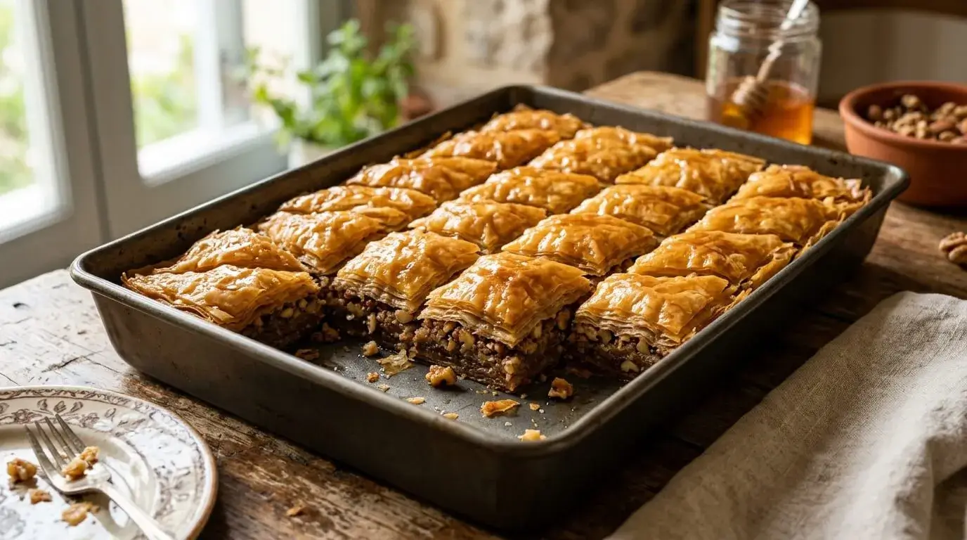 Greek baklava recipe cut into golden diamond-shaped pieces