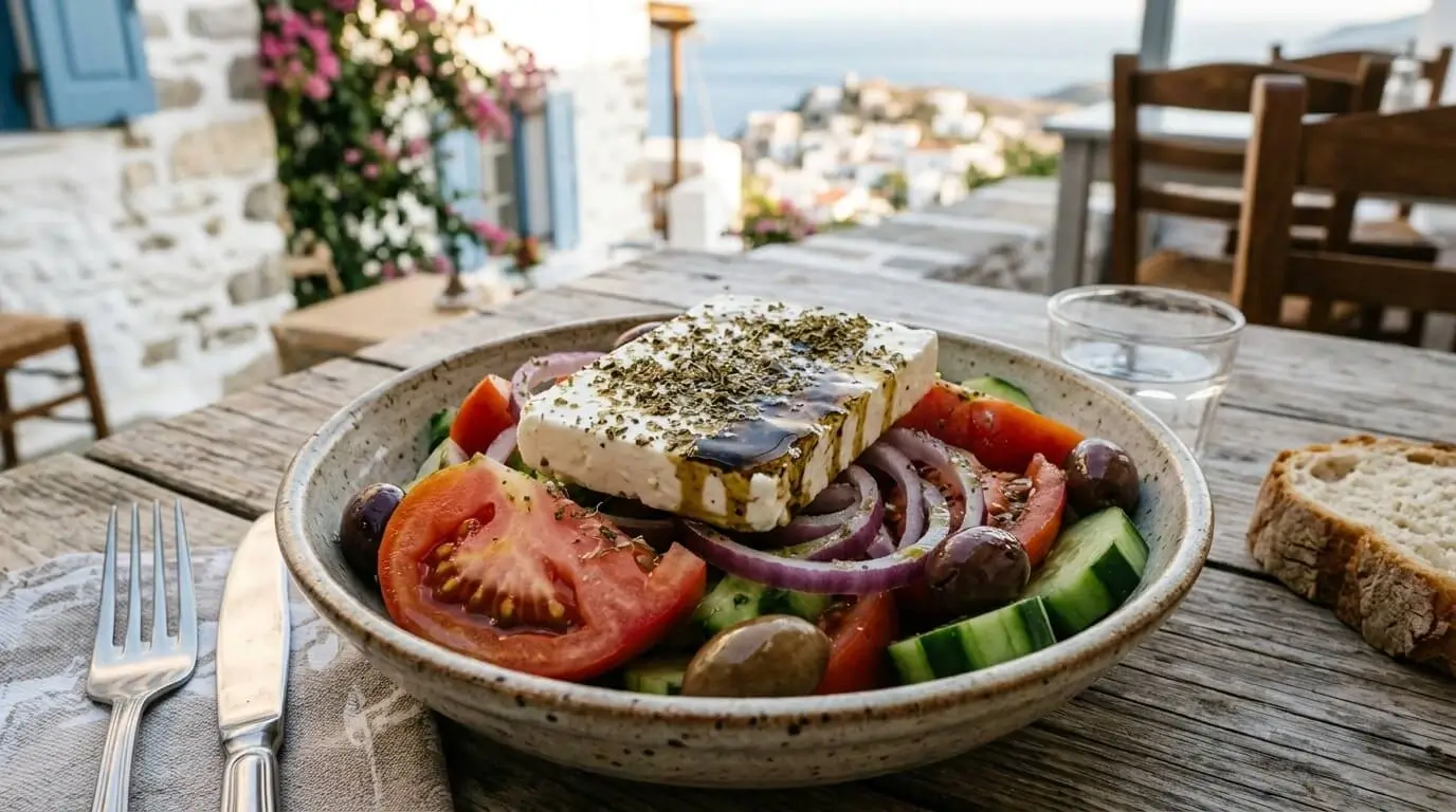 Authentic Greek salad with feta, tomatoes, cucumber and Kalamata olives