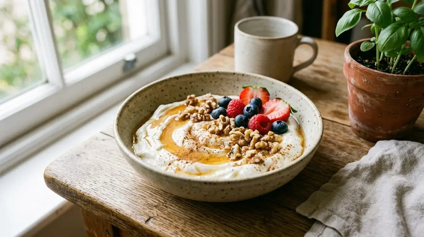 Greek Yogurt Breakfast Bowl with Honey, Walnuts and Berries