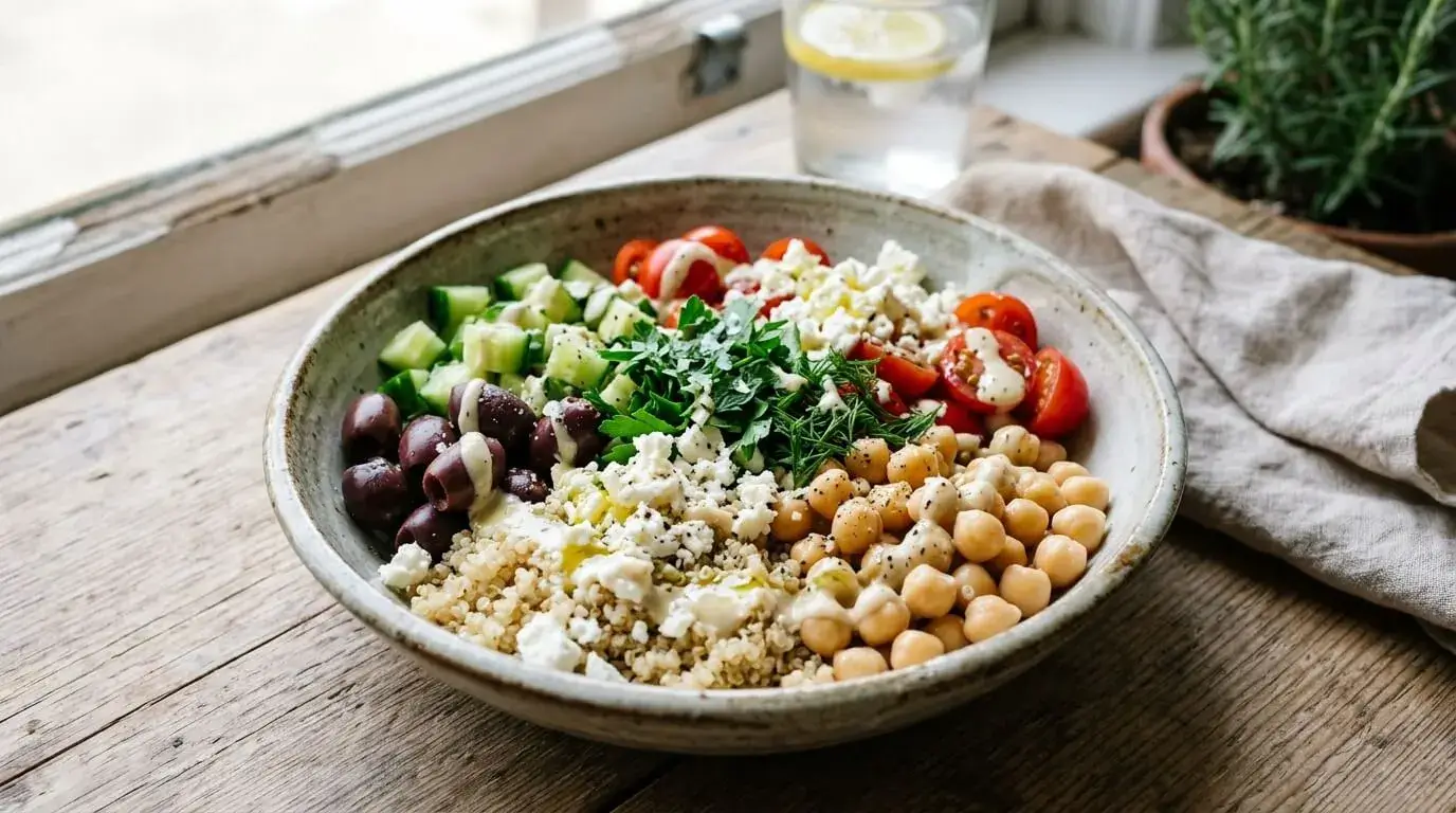 Mediterranean chickpea bowl recipe with quinoa, feta and tahini dressing