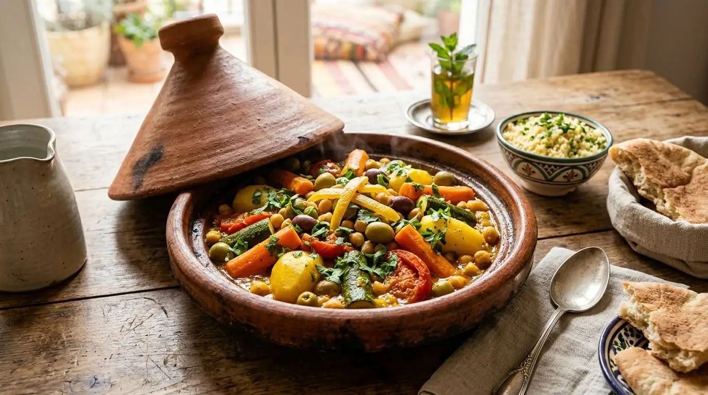 Authentic Moroccan vegetable tagine recipe served in a traditional tagine