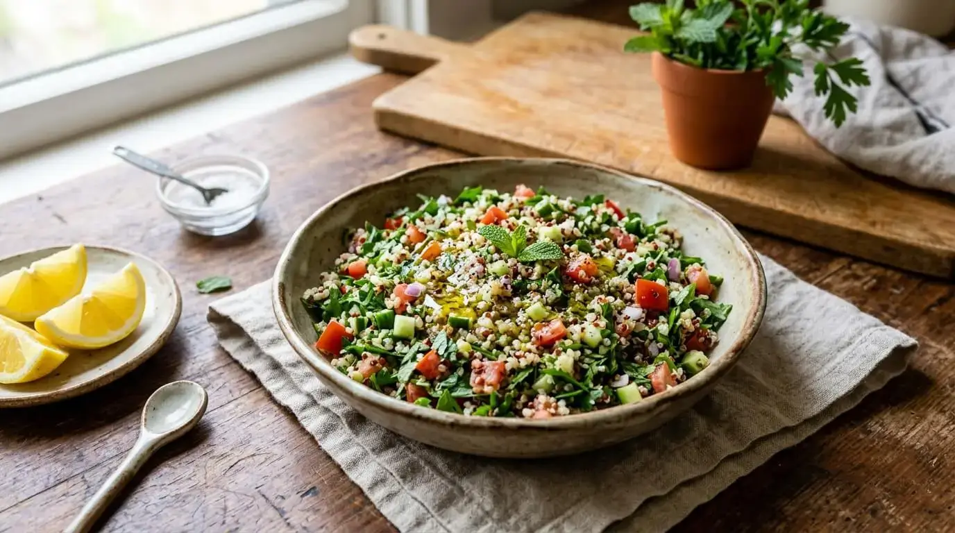 Gluten-free tabbouleh with quinoa, parsley, mint, tomatoes, lemon, and olive oil