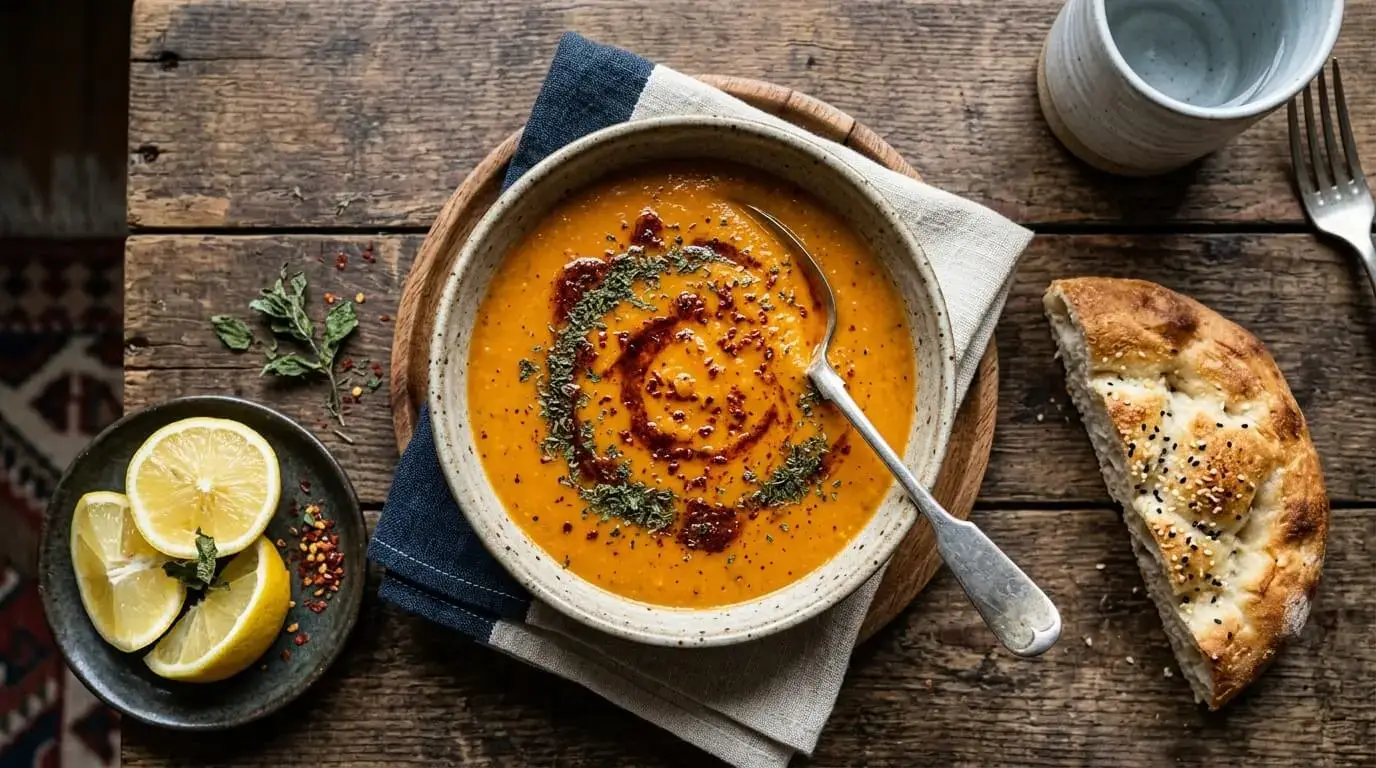 Authentic Turkish Lentil Soup Recipe served with paprika butter and lemon