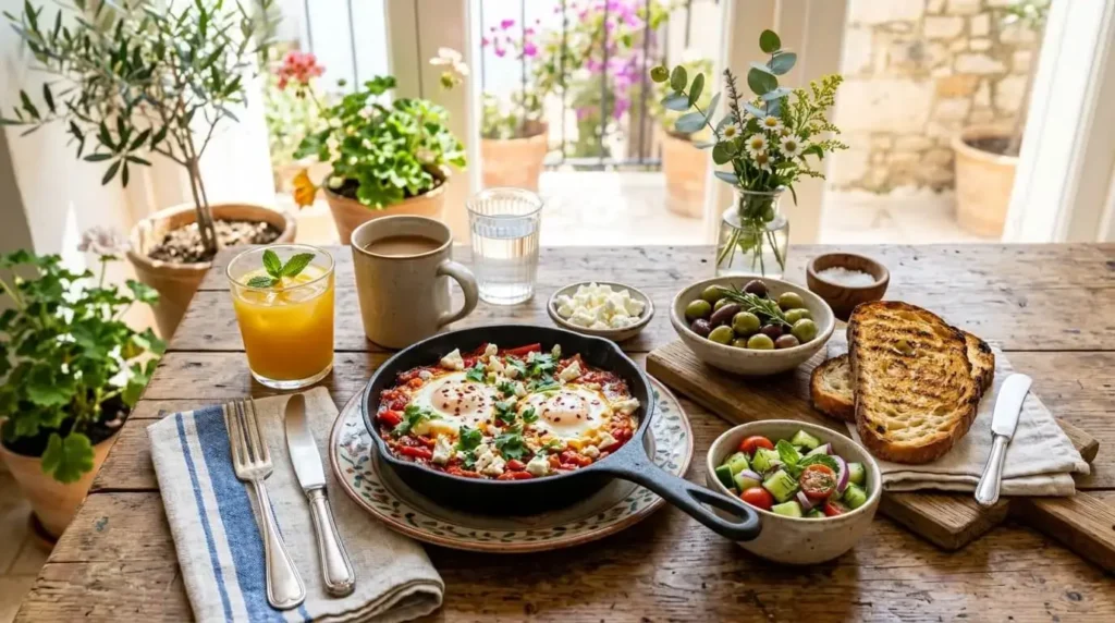 Shakshuka recipe served in a cast-iron skillet with eggs in spicy tomato sauce