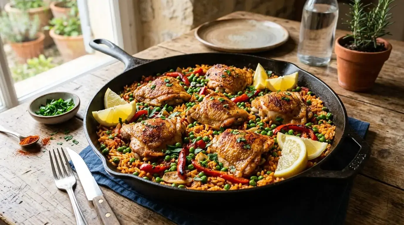 Spanish chicken and rice served in one pan with paprika and lemon