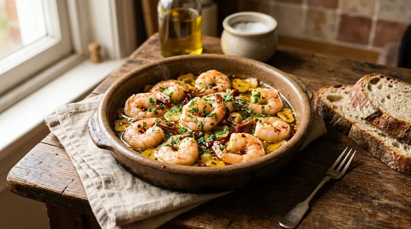 Gambas al ajillo Spanish garlic shrimp served with crusty bread