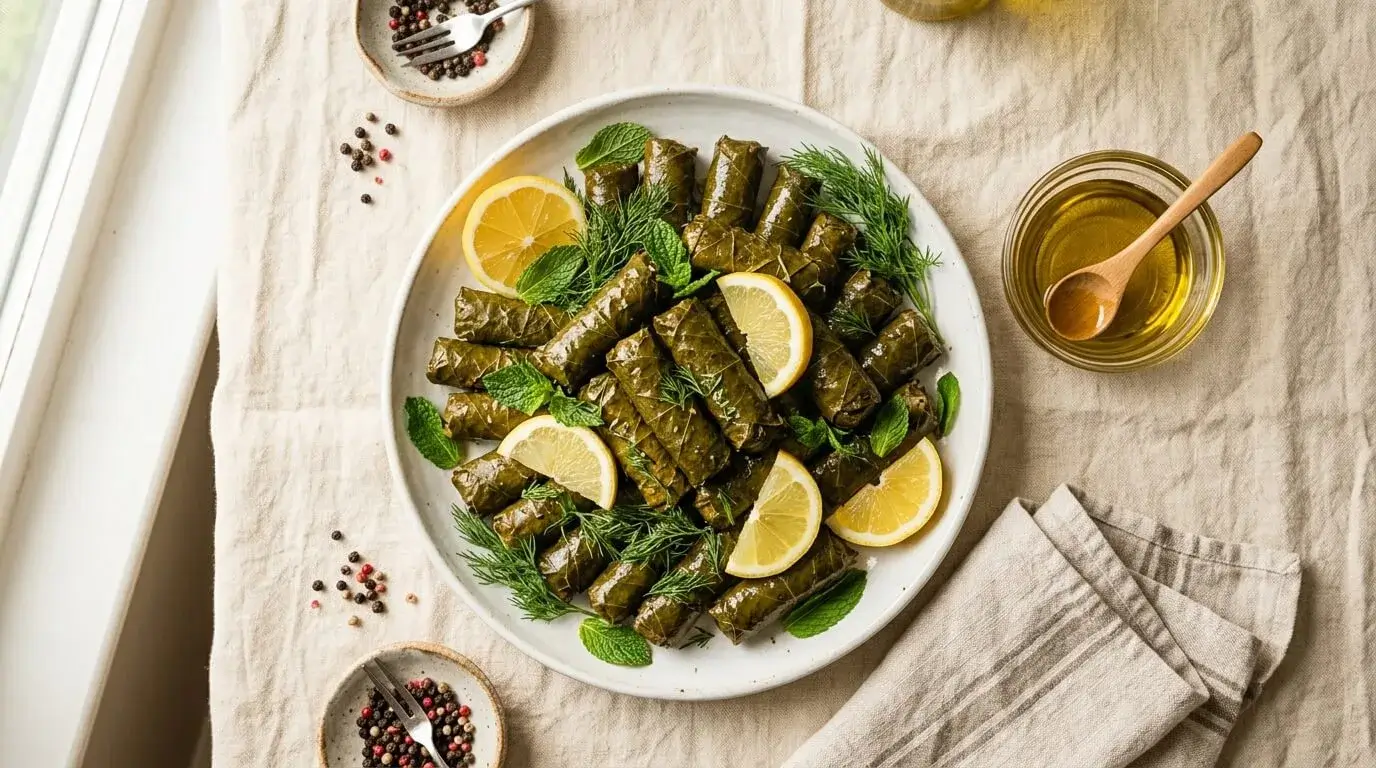 Platter of vegan dolmas garnished with lemon wedges and fresh dill.