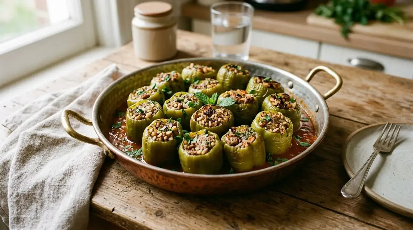 Turkish stuffed peppers (biber dolması) filled with seasoned rice and meat