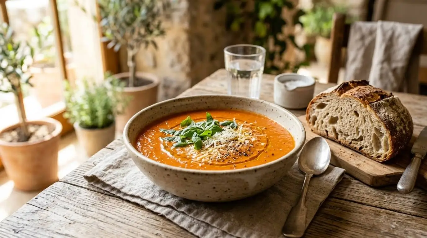 Creamy Italian tomato soup with basil and Parmesan
