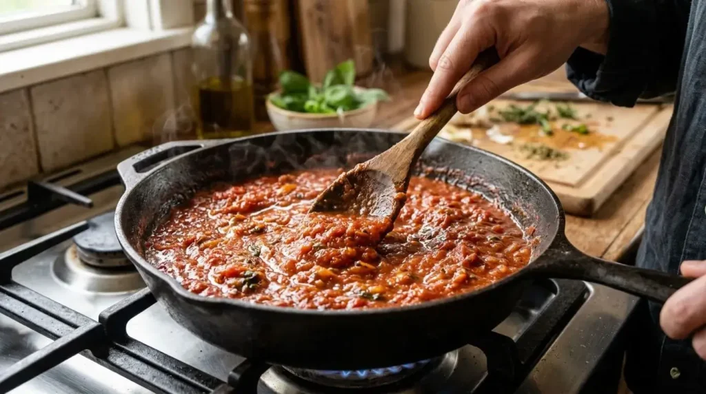 Tomato sauce for shakshuka recipe before adding eggs