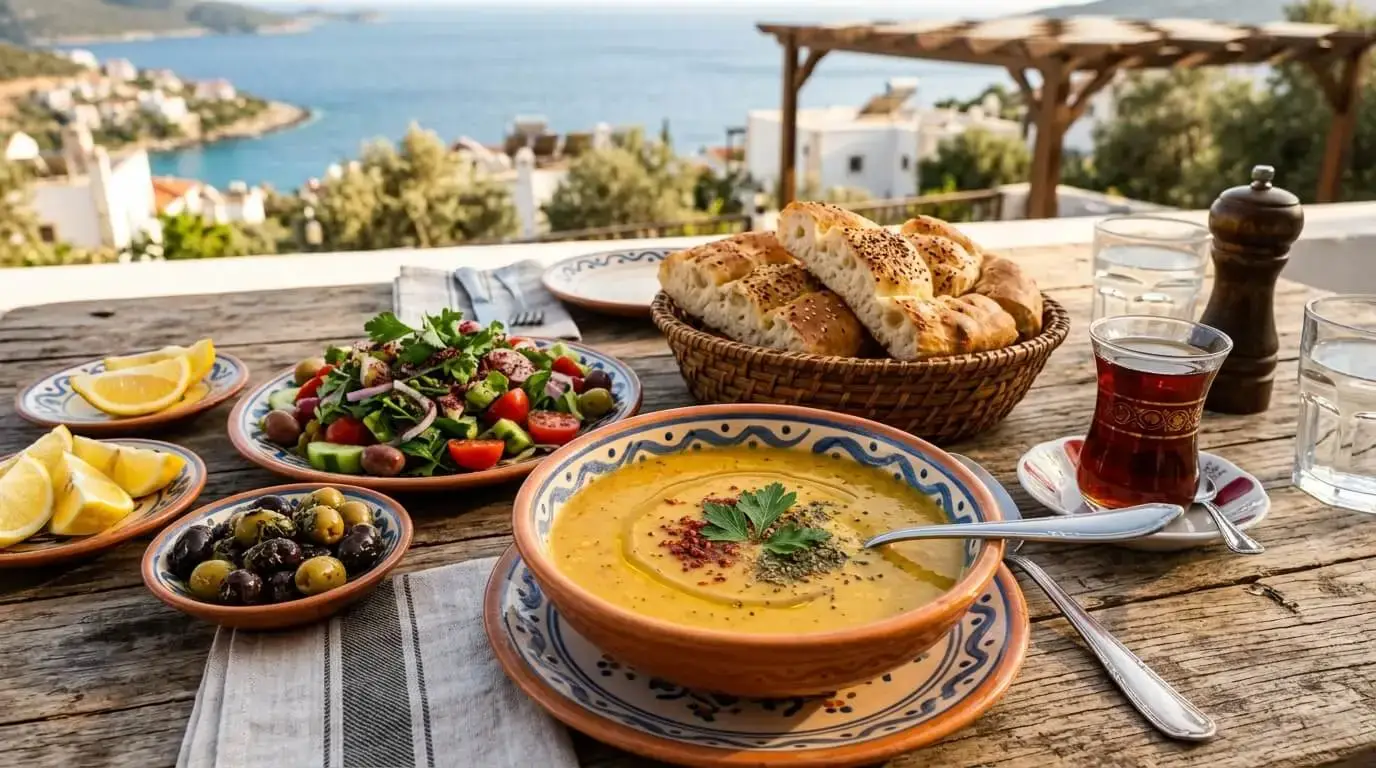Serving Turkish lentil soup with Mediterranean side dishes