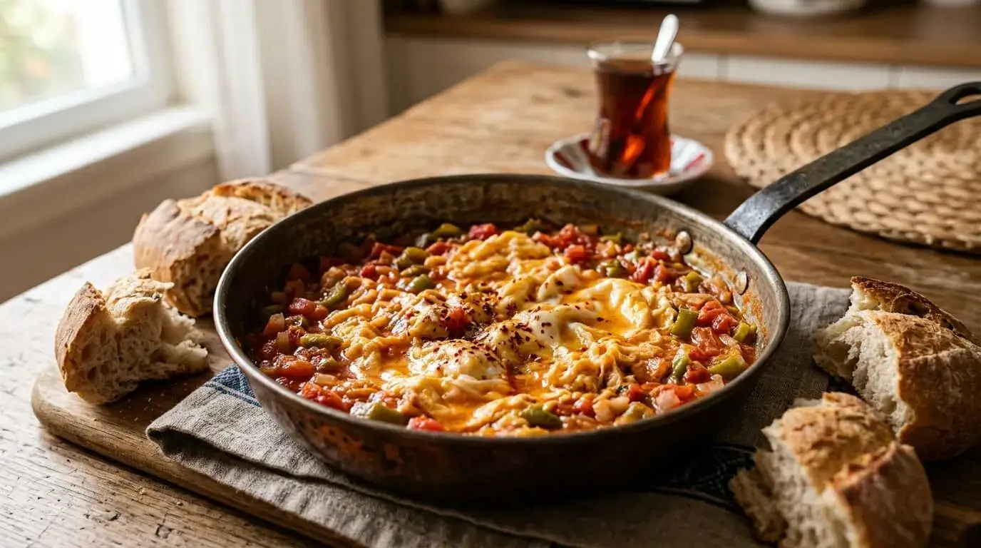 Turkish menemen recipe with softly scrambled eggs, tomatoes, and green peppers