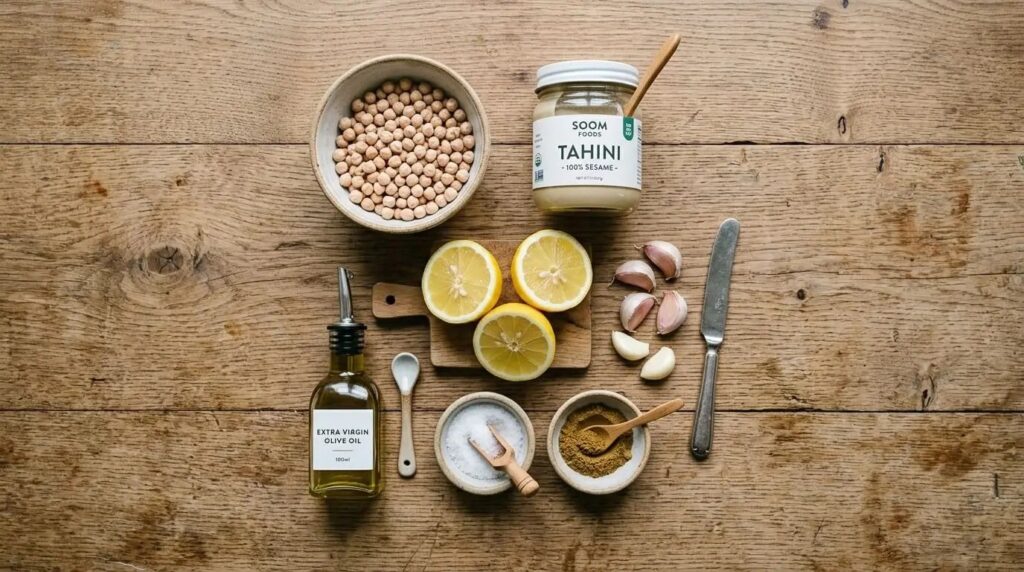 Ingredients for homemade hummus including chickpeas and tahini