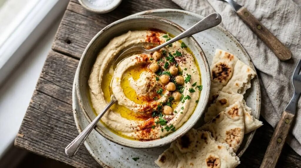 Homemade hummus served with olive oil and warm pita bread