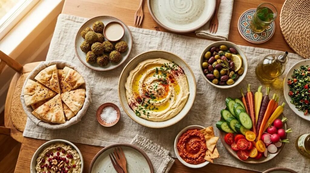 Homemade hummus served as part of a Mediterranean mezze platter