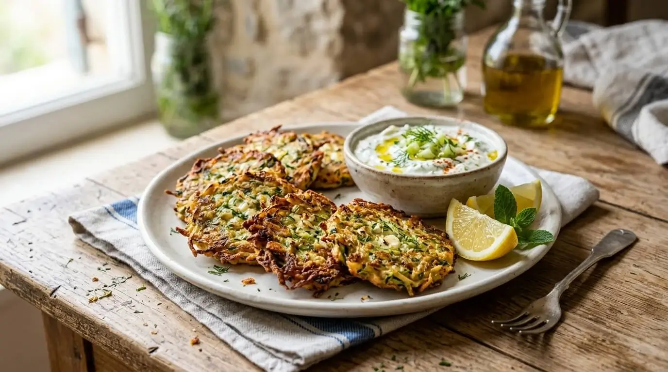 Low-carb Mediterranean zucchini fritters with feta and herbs