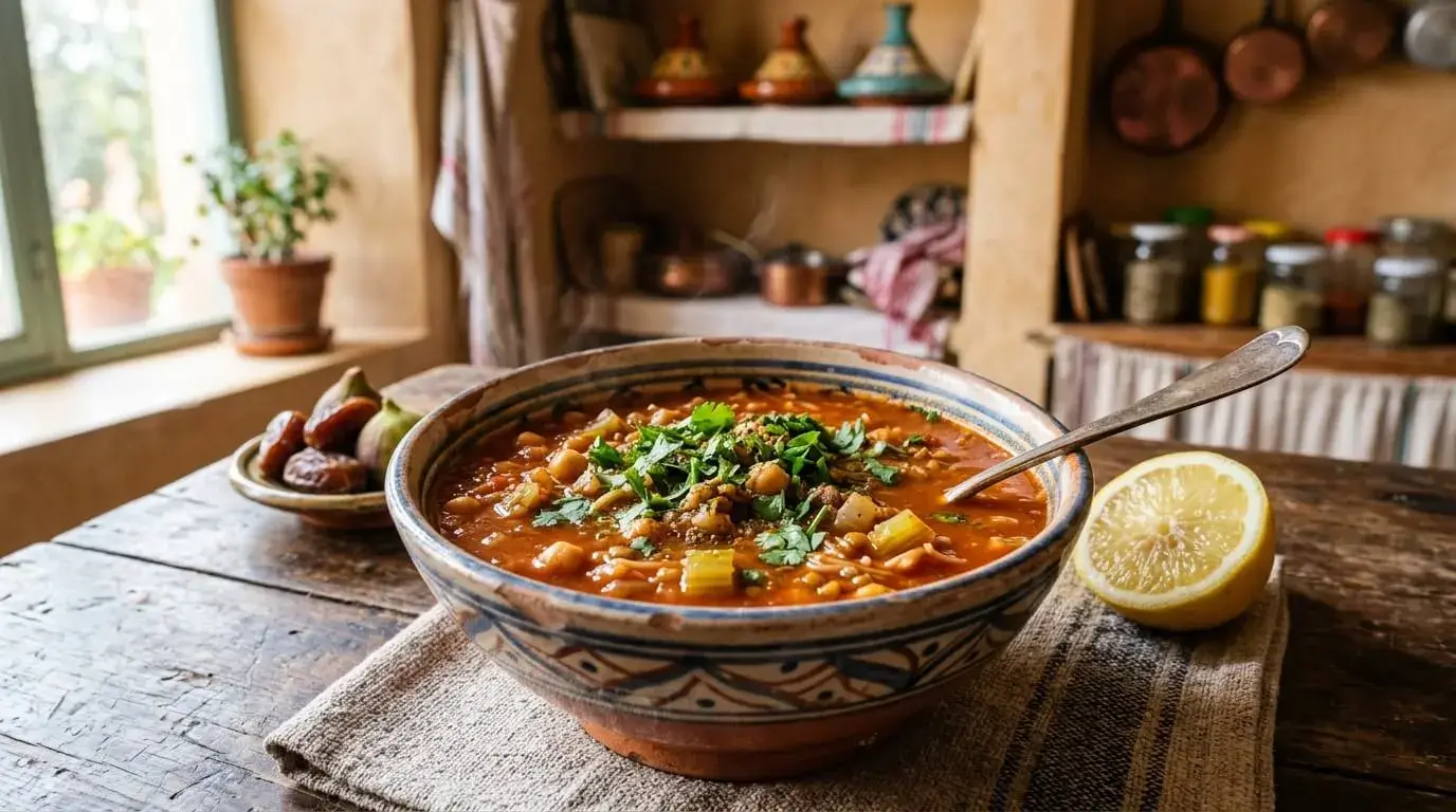 Traditional Moroccan harira soup recipe with chickpeas, lentils, tomatoes and fresh herbs